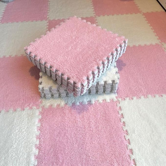 12pcs Plush Puzzle Foam Floor Mat, Cute Soft Fluffy Interlocking Square Foam Tiles Area Rugs Carpet for Parlor Bedroom Decoration(11.8x11.8x0.4in, Pink&White)