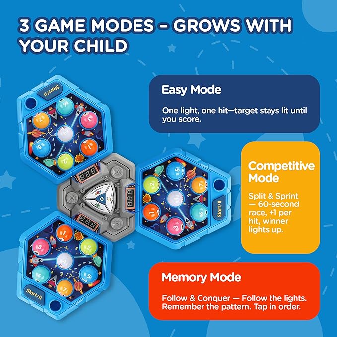 3-Player Whack Game Toy Mole with Lights & Sounds, 3Modes&7Speed Levels, LED Scoreboard, Interactive Hammer Toy, Educational Pounding Game for Kids Ages 3-10, Gifts for Boys & Girls