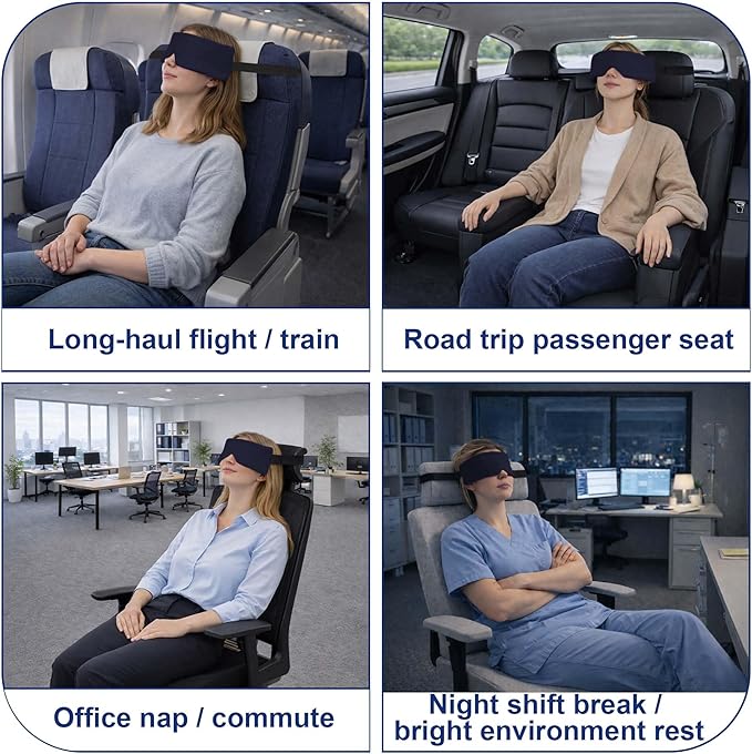 SPRING SEAON Airplane Head Strap for Sleeping, Double-Sided Airplane Eye Mask Head Holder, Adjustable Seat Sleeper Support for Plane, Car & Office Chair, Contoured Nose-Friendly Design，Pouch Included