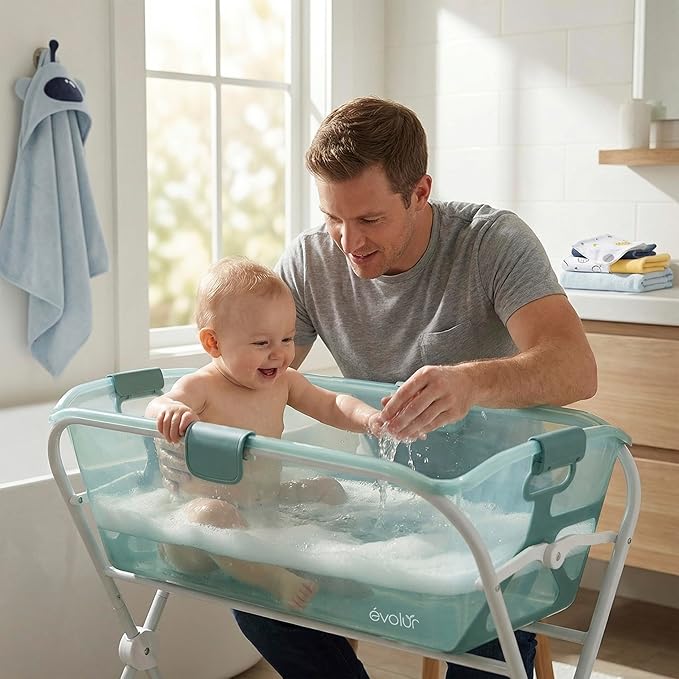 Evolur Supple Baby Spa Set with Infant Bathtub, Hammock Support Seat & Metal Frame, Newborn Tub for 0–12 Months, Complete Baby Care Essentials Gift Set for New Parents, Green