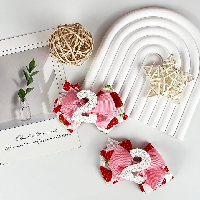 Birthday Hair Bow for Baby Girls - 2Pcs Pink Strawberry Hair Clips for 2nd Birthday Baby Bow Party Decorations for Girls Toddlers Hair Accessories
