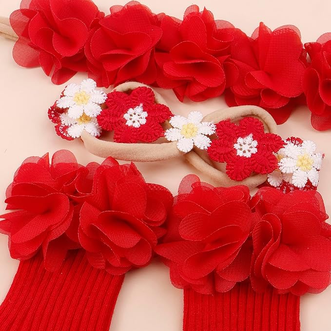 cherrboll Baby Girl Headbands and Socks Set, 3Pcs Soft Floral Hairbands Hair Bows Knit Socks for Newborn Infants Toddlers Photography Props Gifts