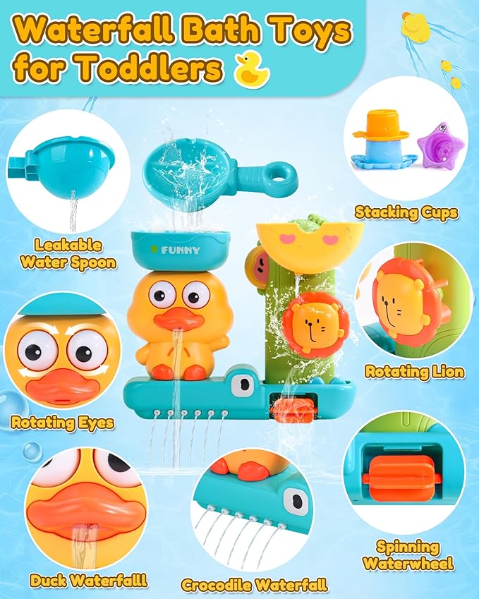 Baby Bath Toys for Kids Ages 1-3 2-4 Toddler Bathtub Water Toys with 3 Strong Suction Cups Battery-Free Duck Waterfall Sensory Shower Toys with Stacking Cups for 18+ Months Boys Girls Birthday Gifts