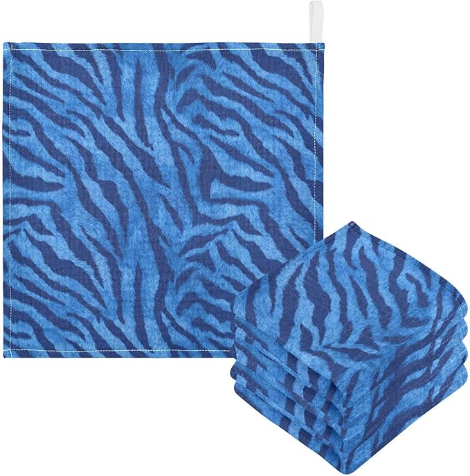 Newborn Face Towel Blue Tiger Print Soft Cotton Baby Washcloths 11.8 x 11.8 Inch Infants Girls Boys Muslin Burp Cloths 5 Pack