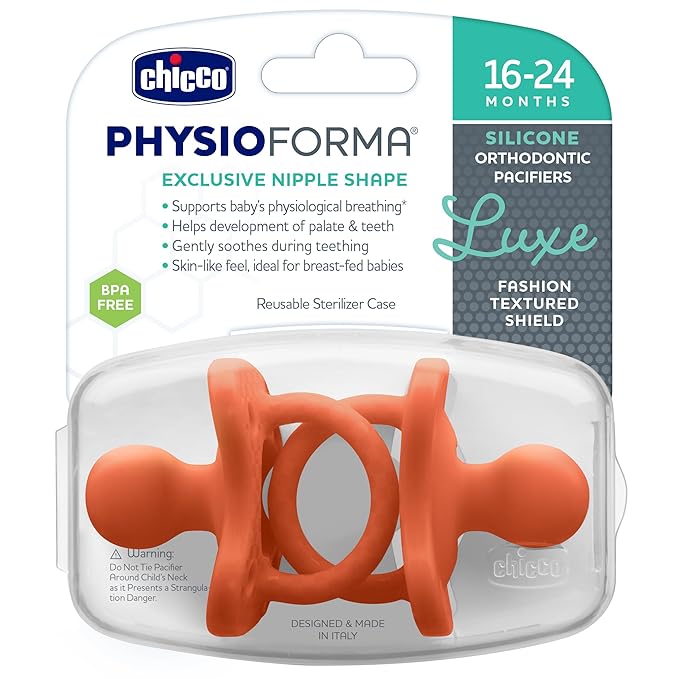 Chicco PhysioForma Luxe Orthodontic Pacifier for Babies 16-24 Months, One-Piece 100% Soft Silicone, Supports Breathing, Textured Shield & Handle, Sterilizing Case, BPA Free, 2-Pack, Terracotta