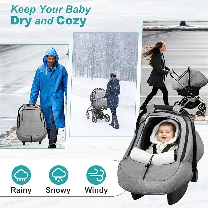 Winter Car Seat Cover for Baby, Waterproof Infant Carseat Cover with Warm Plush Lining & Dual Zippers, Universal Carseat Cover Baby Winter Protector with Ventilation and Windproof Design (Gray)