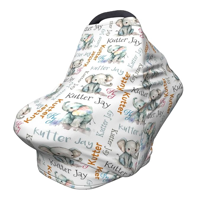 Personalized Elephant Baby Car Seat Cover with Name,Multi-Use Canopy for Nursing, Strollers,Shopping Carts,Customized Breastfeeding Cover, Full Privacy,Infant Stroller Cover