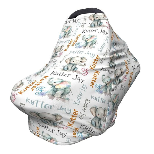 Personalized Elephant Baby Car Seat Cover with Name,Multi-Use Canopy for Nursing, Strollers,Shopping Carts,Customized Breastfeeding Cover, Full Privacy,Infant Stroller Cover