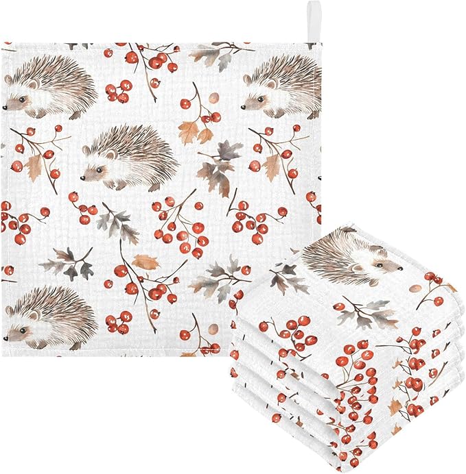 vvfelixl Baby Muslin Washcloths Forest Hedgehog Baby Burp Cloths Cotton Babys Face Towel for Newborn Infants Boys Girls Soft and Absorbent 11.8 X 11.8 in, 3 Pack