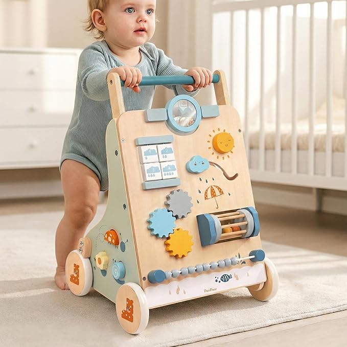 PairPear Wooden Baby Walker with Wheels, Speed & Height Adjustable Activity Push Walker Toy for Babies, Montessori Sit & Play Push Toy Gift for Toddlers 12+ Months