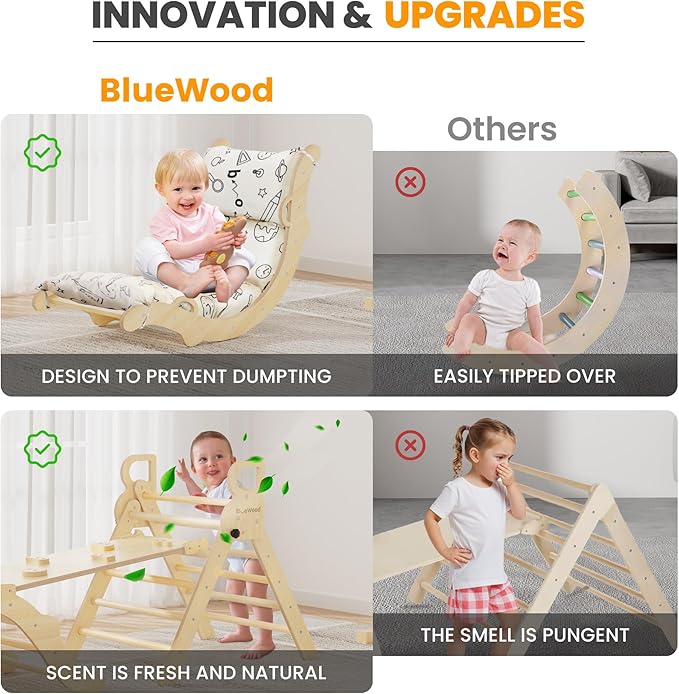 BlueWood Pikler Triangle Set with Cushion, 8-in-1 Climbing Toys for Toddlers, Montessori Philosophy Play Jungle Gym with Arch, Ramp, Ladder(Natural Wood)