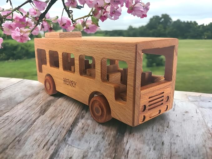 Personalized Wooden Toy Bus For Toddlers, Customized Wooden School Bus Toy, Montessori Toys For 1 Year Old, Baby Bus, Push Cars On The Wheels Toys, School Bus Toys For Toddlers 1-3, Wooden Toy Cars
