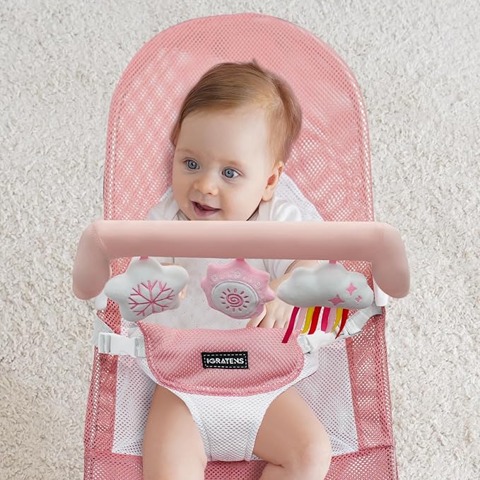 iGRATENS Baby Bjorn Bouncer Toy Bar, Toy Bar for Baby Bouncer Bliss and Balance Soft with 3 PCS Cute Sensory Toys, Easy to Attach and Remove, Skin -Friendly, Machine Washable, Pink and White, Soft