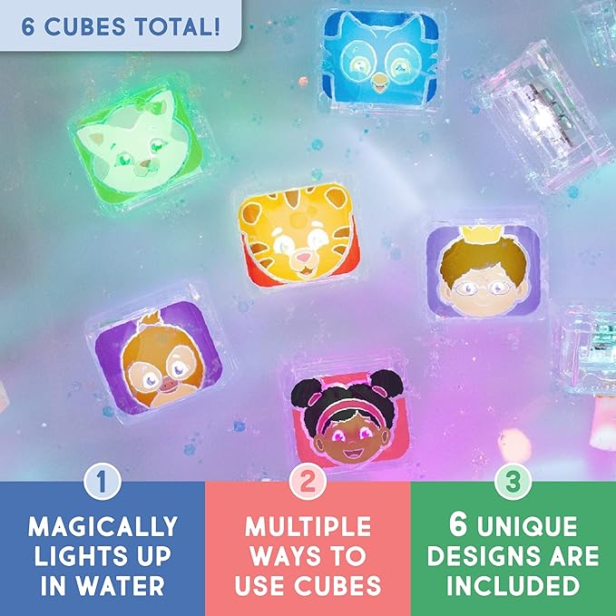 Glo Pals Water-Activated Light-Up Cubes for Bathtime and Sensory Play - Includes 6 Reusable Light-Up - Sensory Toys and Glowing Bath Cubes for Kids and Toddlers - Daniel Tiger