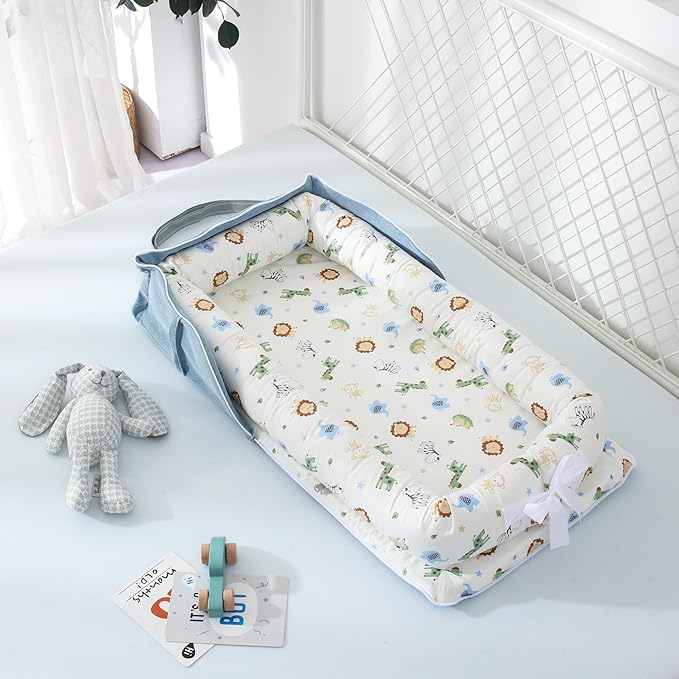 Baby Lounger for Newborn, Huggynest Portable Infant Lounger for 0-24 Months Newborn, Home Travel Dual-Purpose Baby Nest (Animal World Blue)