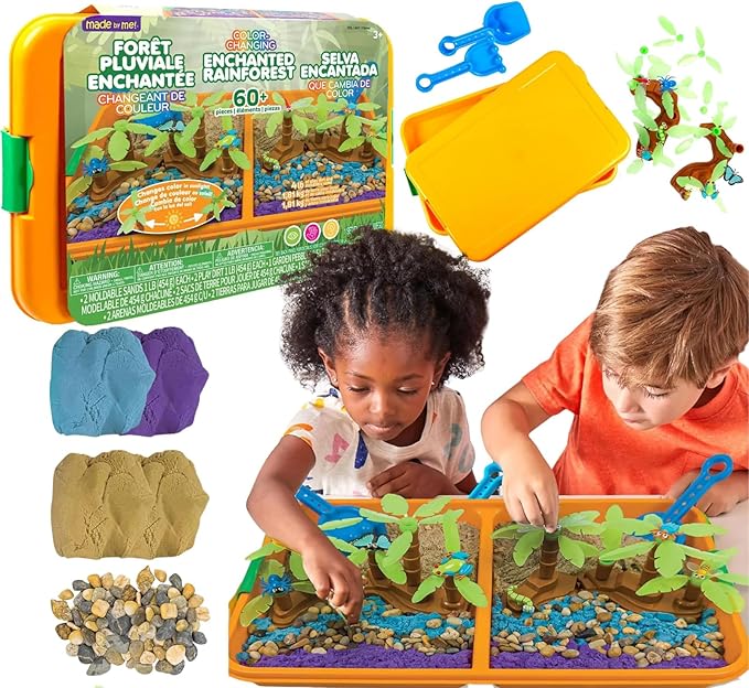 Made By Me Jumbo 60 Piece Color Changing Enchanted Rainforest Sensory Playset, Fun Sensory Bins for Toddlers 3 with 4LB Moldable Sand, Unique Fine Motor Toys