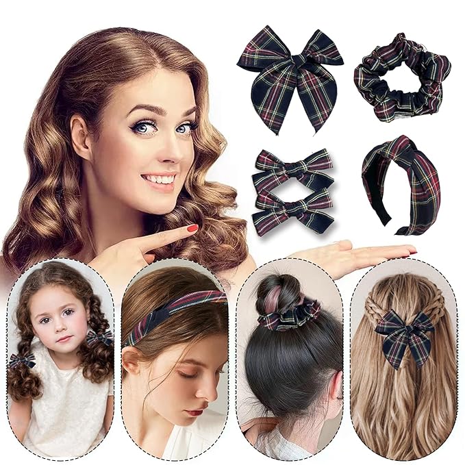 5 Pcs Plaid Headband Set with Hair Knotted Scrunchies Bow, Padded Headbands for Women, Christmas Hair Bows & Clips Accessories for Girls (Black)