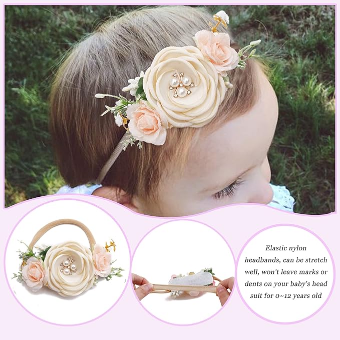 Baby Girl Flower Headband 6 PCS Elastic Hairbands Handmade Nylon Bows Headbands Chic Floral Hair Accessories Kids Gifts for Newborn Infant Toddlers