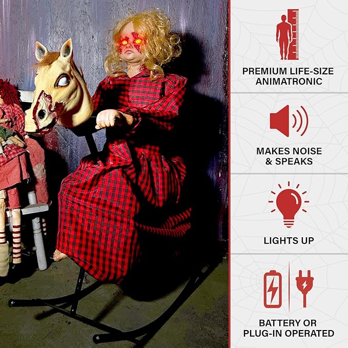 Haunted Hill Farm 3.2-Ft Animatronic Rocking Horse Girl, Halloween Animatronic, Creepy Gothic Horror Movie Décor, Scary Macabre Party Decoration with Voice & Sound-Activated Lights & Sound, Life-Size