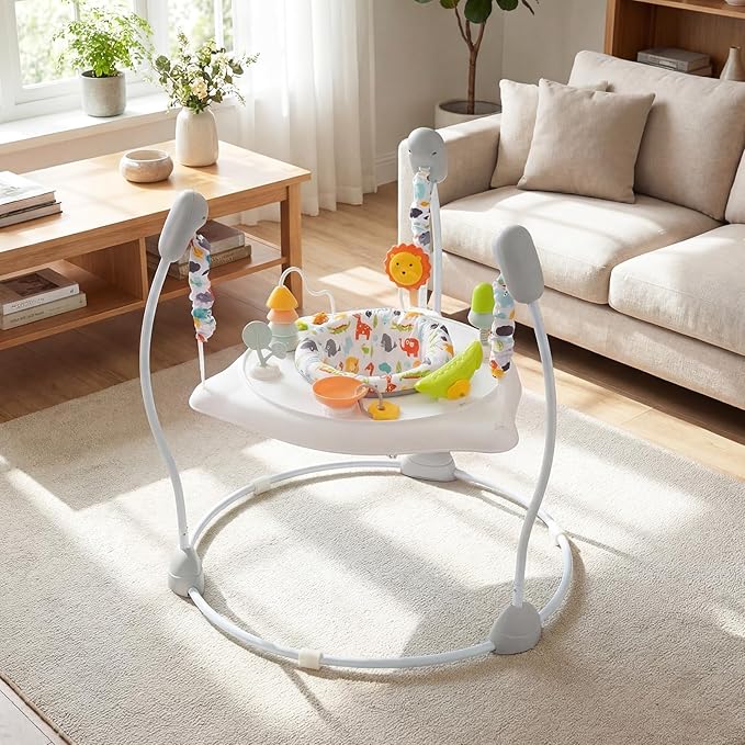 BABY JOY Baby Activity Center, Baby Jumpers and Bouncers with Music, 360° Rotating Seat, 3 Adjustable Heights, Montessori-Inspired Activity Center for Baby 7-15 Months (White)