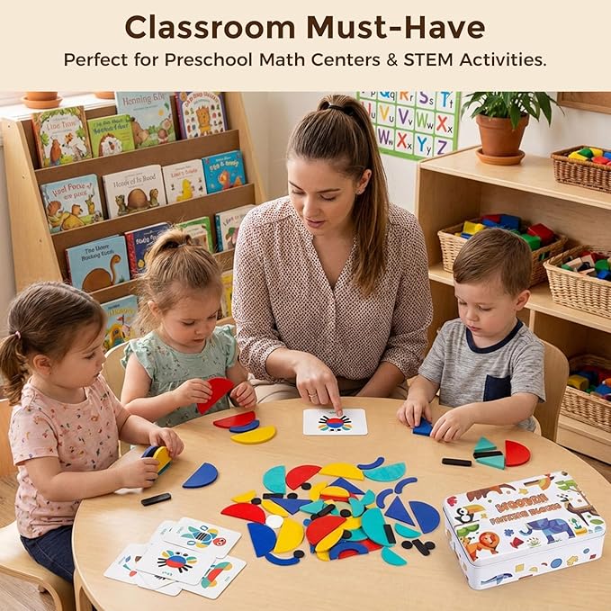 LovesTown Wooden Pattern Blocks Montessori Toys for Toddler Kids Open Ended Shape Puzzles Educational Tangram Preschool Learning Toy with 60 Cards 36 PCS