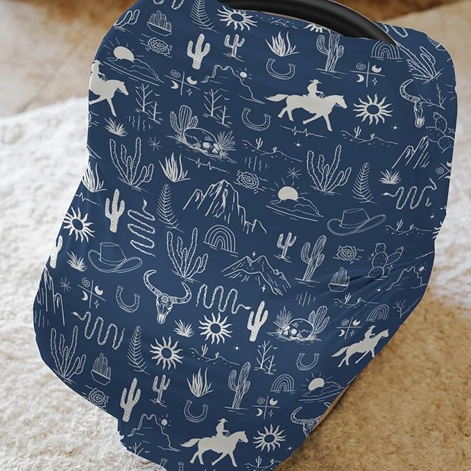 Western Cowboy Car Seat Cover for Babies Wild West Cactus Mountain Snake Cattle Skull Sun Stretchy 5-in-1 Covers Adjustable Car Canopy Breastfeeding Cover Desert Adventure Breathable Nursing Cover-Up