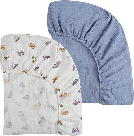 Onacosht Muslin Mini Crib Sheets, 39" x 27" Pack and Play Mattress Sheets Fitted for Pack N Play, Soft Cotton for Boys Girls, 2 Pack, Car and Solid Blue