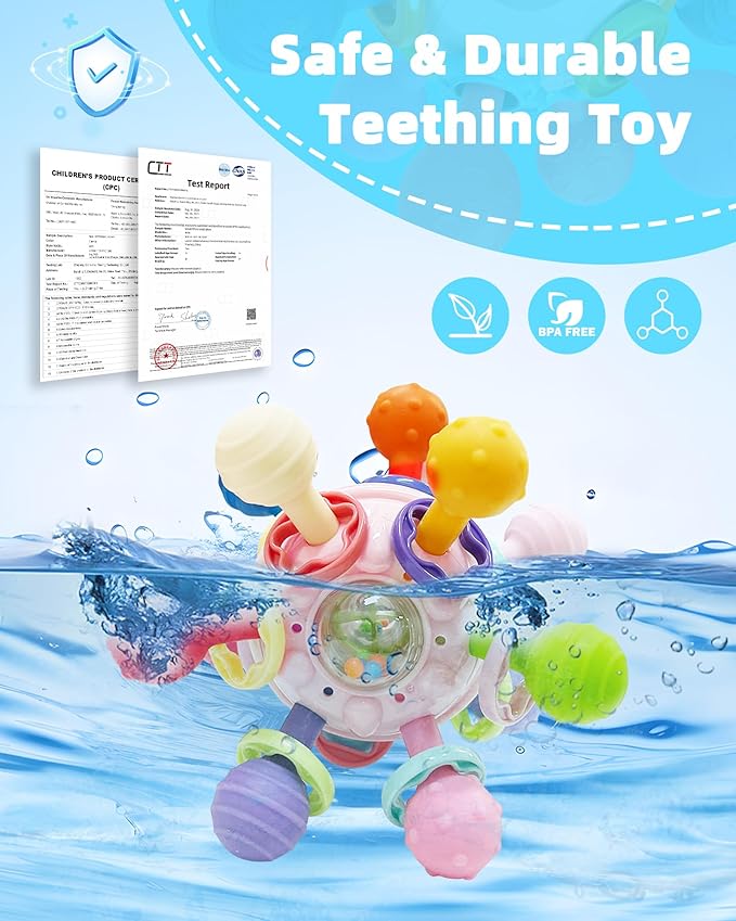 Baby Montessori Teething Toys 0-6 6-12 Month, Food Grade Baby Rattle Chew Sensory Teething Toys, Newborn Infant Learning Developmental Birthday Gifts for Boys Girls - Pink