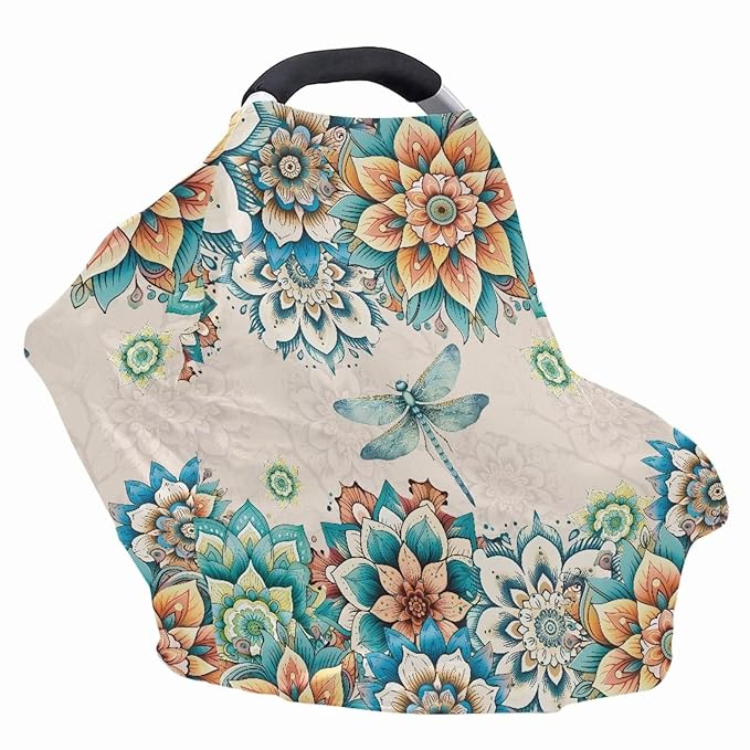 ZFRXIGN Boho Dragonfly Car Seat Covers for Baby Girls Nursing Cover Scarf Infant Stroller Cover Multi Use Soft Stretchy Carseat Canopy Baby Car Seat Cover Western Flower