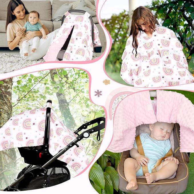 Pea Pod Car Seat Cover for Baby, Infant Carseat Cover with Peekaboo Opening Car Seat Canopy Cover, Nursing Cover for Baby Boys Girls (Rainbow)