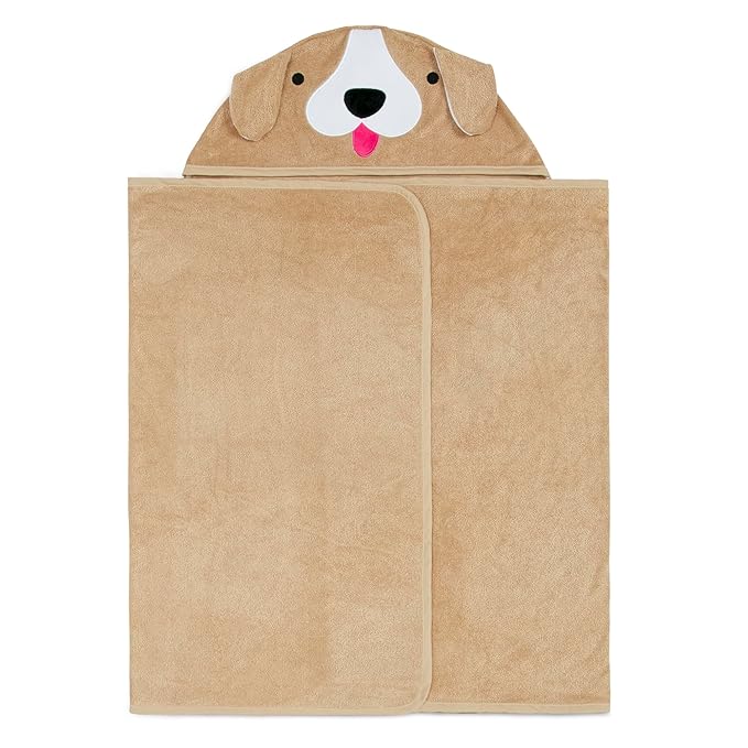 Delta Children Personalized Kids Hooded Bath Towel with Pockets - Super Soft and Absorbent- Great Gift for Boys and Girls, Tan Dog