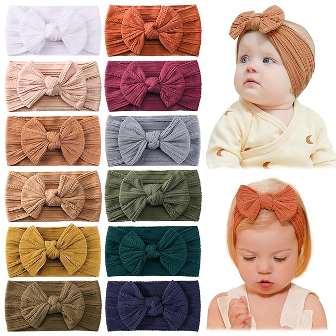 jollybows 12pcs Baby Girls Nylon Headband with Bow Newborn Hairbands Infant Hair Bow Elastics Handmade Hair Accessories for Toddlers Kids