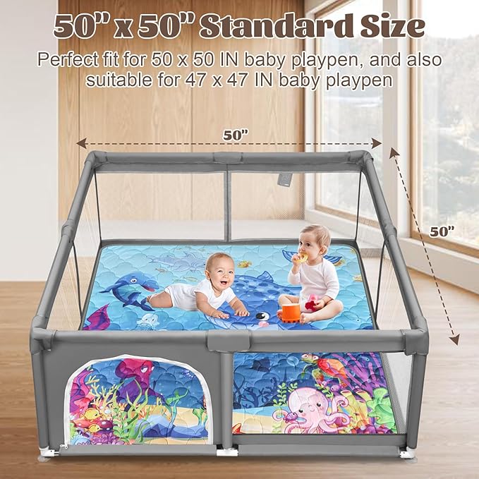 Baby Mat for Floor, Premium 50x50 Playpen Mat, Odorless Play Mat, Thicken Soft Padding Foam Play Mat for Baby, Non-Slip Cushioned Baby Floor Mat, Machine Washable Baby Crawling Mat (Ocean)