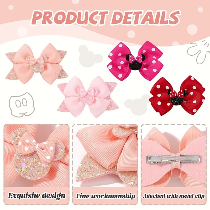 8PCS Mouse Ears Hair Bow Clips, 4 Inch Toddler Girls Polka Dot Hair Accessories, Birthday Party Decoration for Baby Toddler Girls