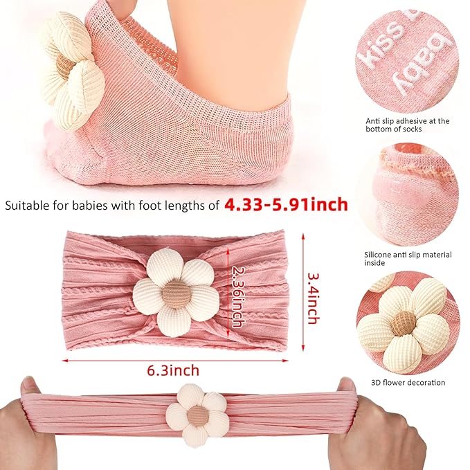 KEAINVRN Baby Girl Headbands and Socks,Non-Slip Grips Socks Flower Soft Hairbands Hair Accessories for Infant Toddler Kids (US, Age, 6 Months, 12 Months, pink beige)