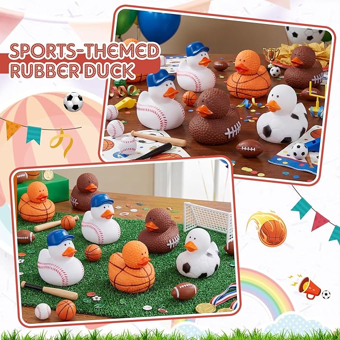 Deekin 24 Pcs Rubber Ducks 2 Inch Bulk Sport Party Favors for Team Events Decorations Birthday Party Supplies Club Player Gift (Basketball,Football,Soccer,Baseball)