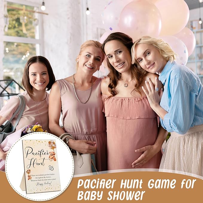 Roowest 51 Pcs Pacifier Hunt BabyShower Games Include Wooden Hunt Sign and 50 Acrylic Mini Plastic Pacifiers for BabyShower Game Decoration Gift Sets Gender Reveal Party(Bear,Brown)