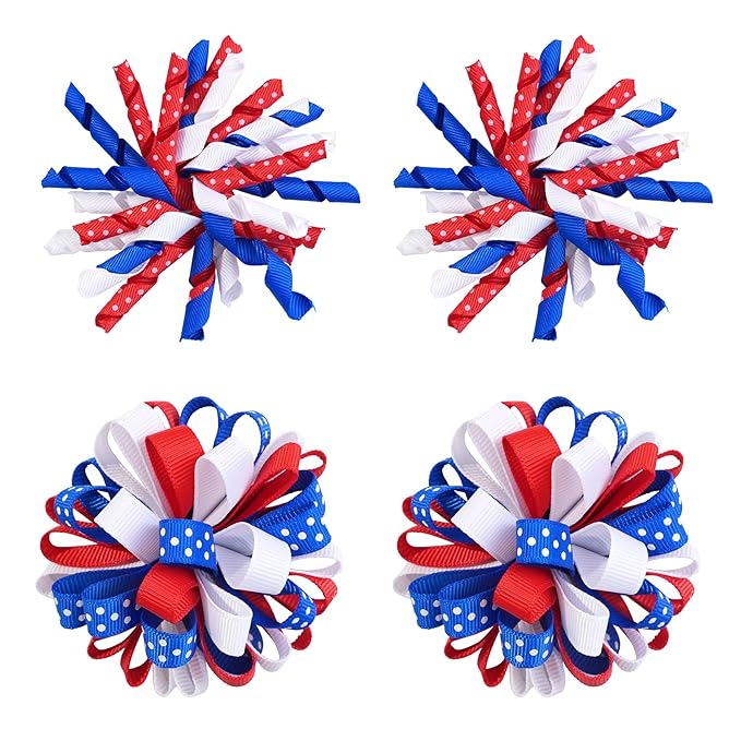 Patriotic Korker Hair Bow Clips Hair Accessories for Kids Girls 4th of July Party Accessories Red White Blue Bows Favors Decorations 4pcs