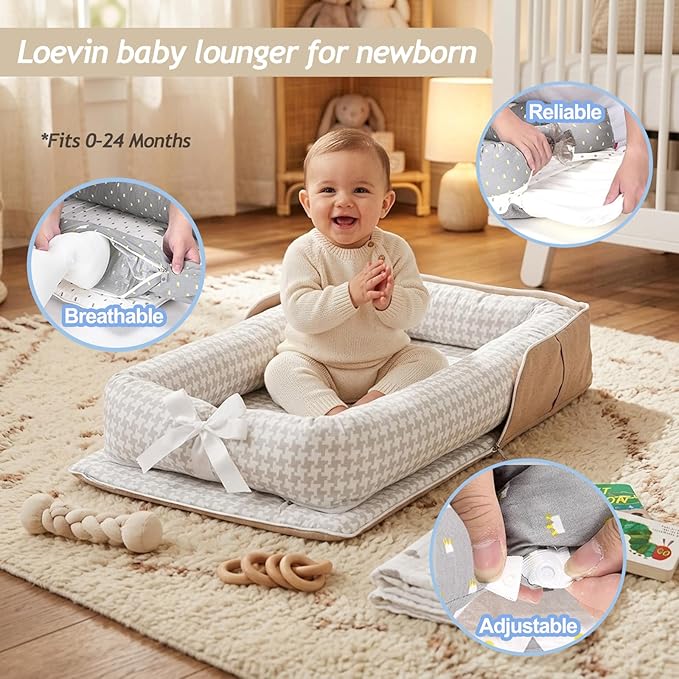 Baby Lounger for Newborn Portable Bag,Baby Nest Play Gym mat with Strap,Newborn Lounger Adjustable Size & Inner Zipper Lengthen Space to 24 Months(Gray Thousand Bird Check)