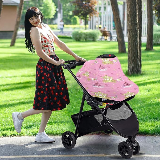 Personalized Princess Castle Baby Car Seat Covers with Name, Custom Multiuse Nursing Breastfeeding Car seat Canopy, Infant Stroller Covers for Newborn Girl Boy, Ultra-Soft Breathable, Nursing Scarf