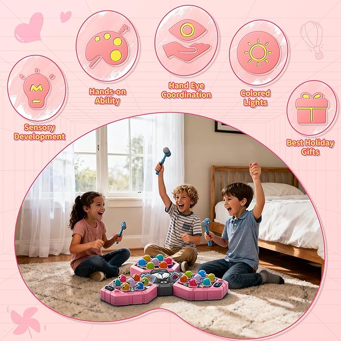 WAYKEE Whack a Game Mole, Toys for 3 4 5 6+ Year Old Girls Boys, Whack a Game for Kids, Gifts for 3-12 Year Old Girls Boys, Interactive Educational Toys with Multiplayer Hammers Sound and Light