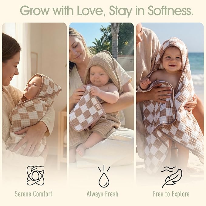 4-Pc Ultra-Soft Muslin Baby Towel Set - Bath & Beach, (Coffee Checkered, 32“x32)