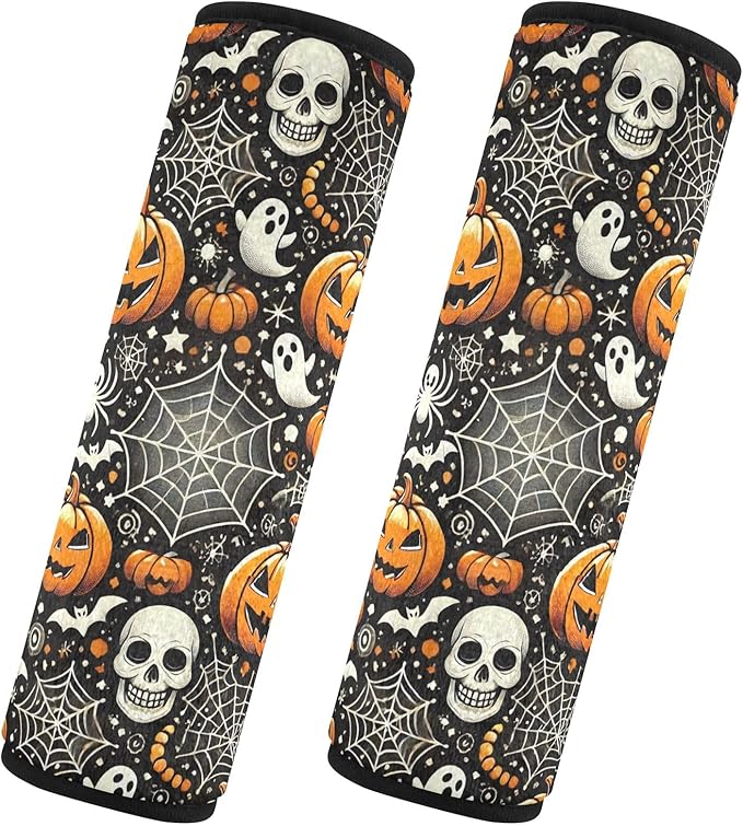 CHIFIGNO Halloween Pumpkins Skulls Seat Belt Cover Pad 2 Pack Universal Shoulder Seatbelt Pads Seatbelt Shoulder Pad for Boys Girls Adults