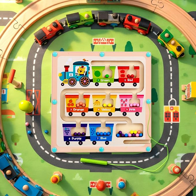 QimuMku Montessori Busy Board for Toddlers 2-4 Magnetic Color & Number Maze Wooden Fruit Train Matching Game Counting Learning Toys for Boys Girls Road Trip Essentials