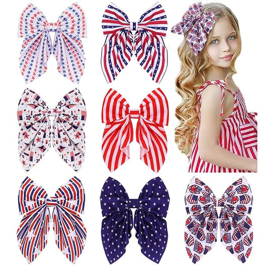 4th of July Hair Bows for Girls, Large Patriotic Fable Bow Handmade American Flag Hair Clips Independence Day Hair Accessories for Little Girls Toddlers Kids (Pattern A)