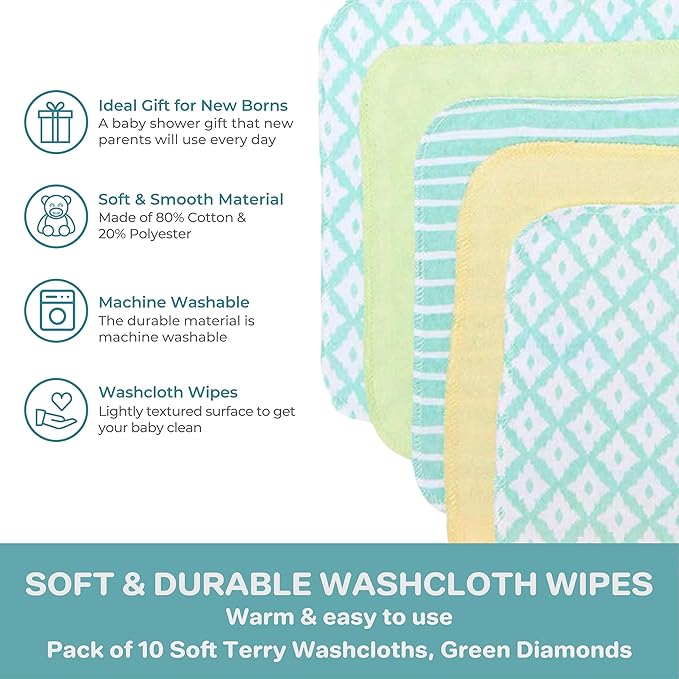 Spasilk Washcloth Wipes Set for Newborn Boys and Girls, Soft Terry Washcloth Set, Pack of 10, Green Diamonds