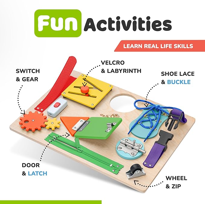 deMoca Sensory Busy Board for Toddlers, Premium Wooden Toddler Busy Board for 1 2 3 Year Old with 10 Educational Activities for Fine Motor Skills, Fidget Activity Toy for Travel