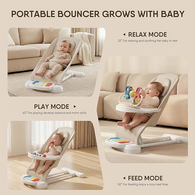 Monamii Baby Bouncer, Baby Bouncer Seat with Detachable Pianos & Feeding Tray, 3-Level Adjustable Positions Bouncing Seat, Infant Bouncer Seat and Toddler Chair (Beige)