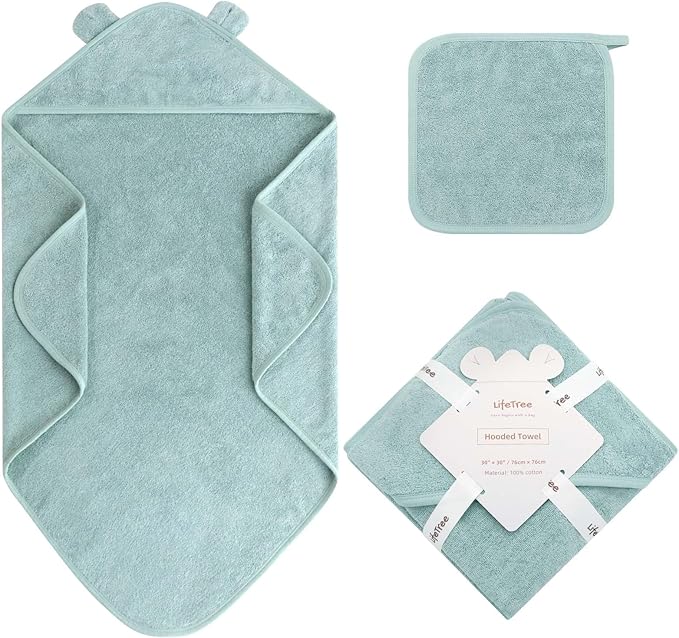 LifeTree 1 Pack Baby Hooded Towel with 1 Pack Washcloth for Newborn, 100% Cotton Bath Towel for Babies, Infant, Toddler and Kids, Thick,Soft and Absorbent, 30 * 30 Inches, Newborn Essentials, Green