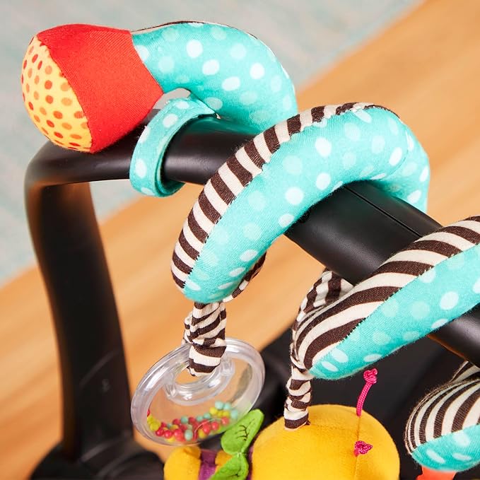 B. toys – Wiggle Wrap for Car Seat, Stroller, Crib – Spiral with 3 Hanging Toys – Rattle, Plush Bee & Teether – Wrap Around Infant – 0+ Months
